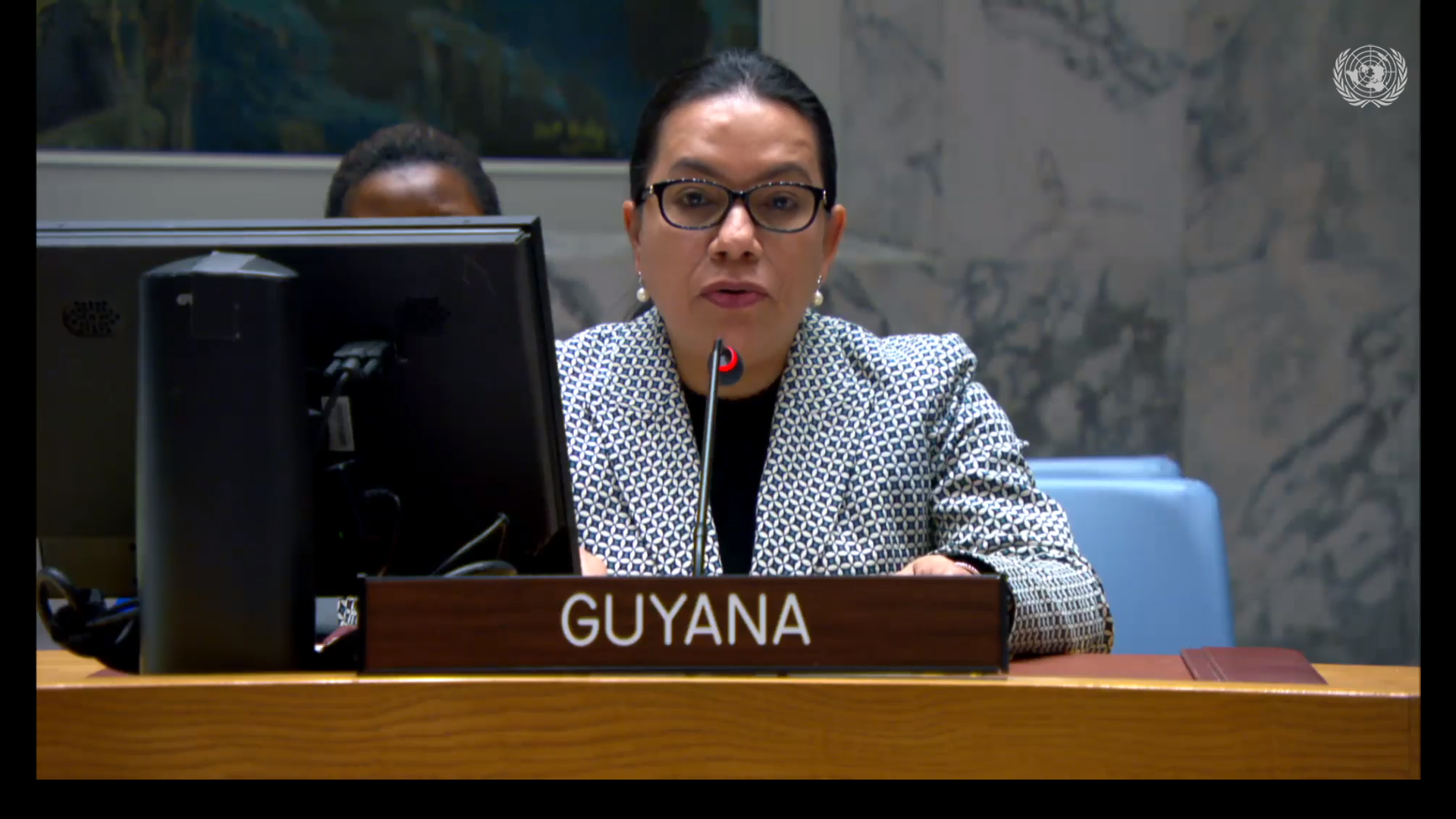 Amb. Carolyn Rodrigues Birkett delivering statement at Yemen briefing