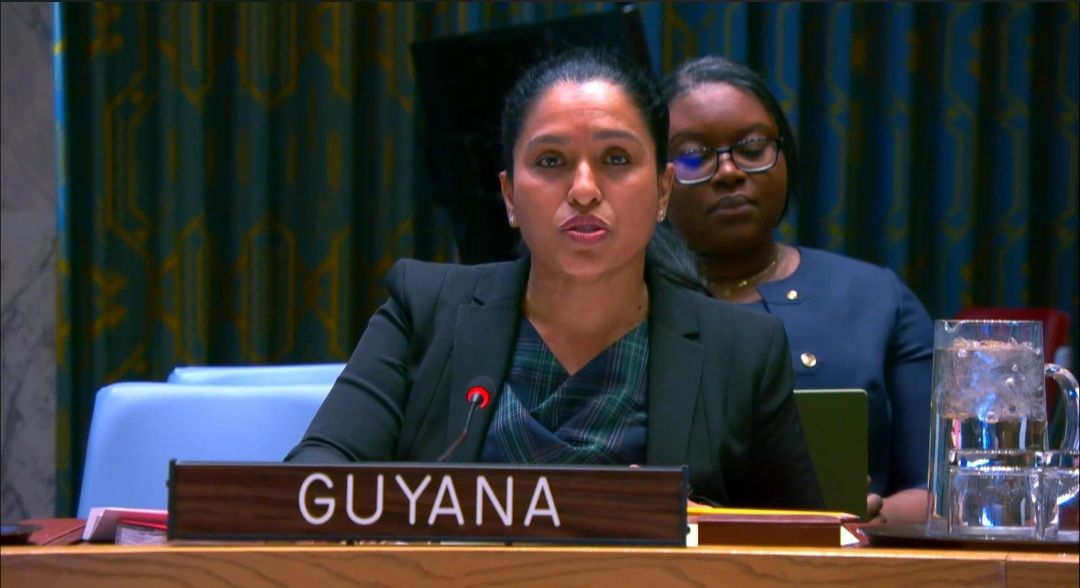 Amb. Trishala Persaud delivering statement at UNSC meeting on Protection of civilians in armed conflict