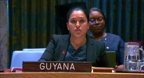 Amb. Trishala Persaud delivering statement at UNSC meeting on Protection of civilians in armed conflict